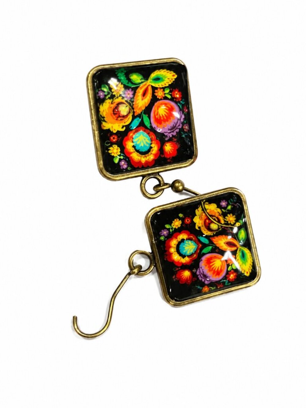 Handmade Boho Floral Cabochon Earrings NWT Artisan Folk Art 20mm Glass Jewelry
